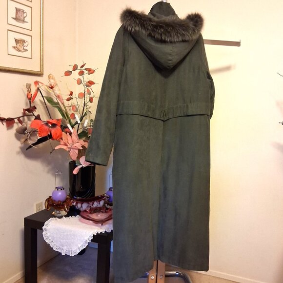 Preowned Utex Design Olive Green Warm Long Coat with Hood Windproof Outerwear - Picture 7 of 16